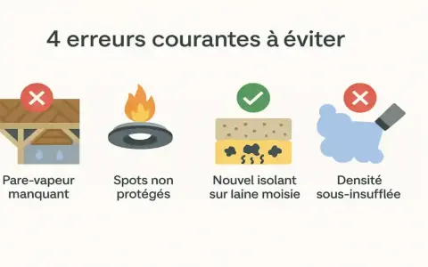 Erreurs courantes en isolation sous toiture : pare-vapeur manquant, spots non protégés, nouvel isolant sur laine moisie, densité sous-insufflée.