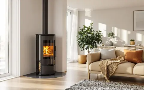 Poêle moderne avec flammes vives sur un plancher en bois clair. La question "peut on poser un poêle sur un plancher chauffant" est ici illustrée par une installation élégante.