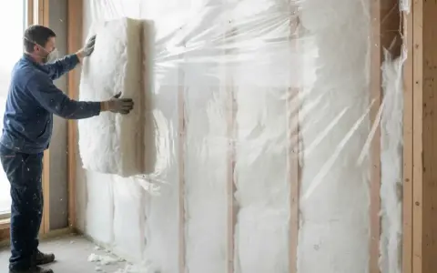 Un ouvrier installe un panneau d'isolant blanc dans un mur intérieur en bois, recouvert d'une bâche plastique transparente.