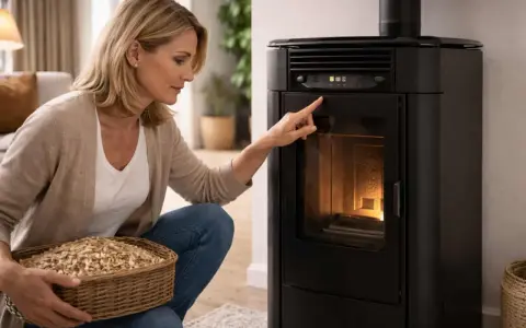 Femme vérifiant l'alarme température fumée sur son poêle à granulés. Elle tient un panier de pellets.