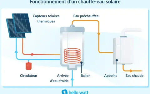 Schéma du fonctionnement d'un chauffe-eau solaire : capteurs thermiques, circulateur, ballon, appoint et eau chaude.