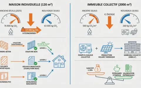 Comparaison des émissions de CO2 pour une maison individuelle et un immeuble collectif, illustrant les gains grâce à l'isolation et aux énergies renouvelables.