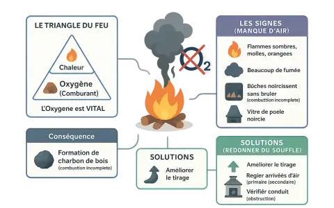 Le feu manque d'air : flammes sombres, fumée, bûches noircissent sans brûler. Le bois qui ne brûle pas est un signe de combustion incomplète. Solutions : améliorer le tirage.