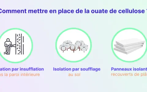 Illustration de l'isolation ouate de cellulose : insufflation dans les murs, soufflage au sol, et panneaux isolants.