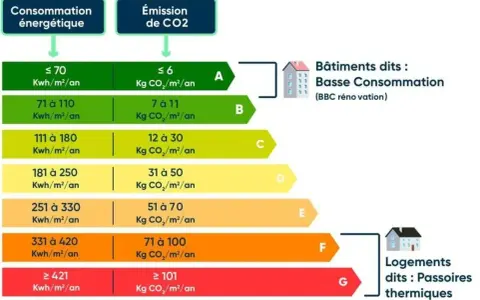 Tableau DPE : consommation énergie primaire et émissions CO2, de A (très performant) à G (passoire thermique).