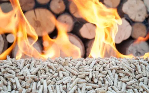 Flammes au-dessus de granulés de bois et de bûches empilées.