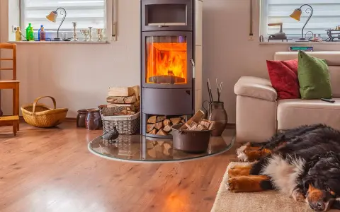 Un poêle bouilleur mixte crépite, réchauffant le salon où un chien dort paisiblement sur un tapis. Bois et paniers complètent ce tableau cosy.