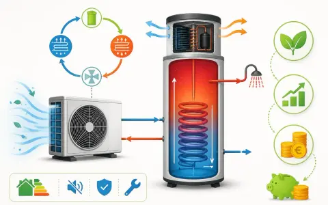 Schéma d'un ballon thermodynamique montrant le cycle de l'air, le chauffage de l'eau et les économies d'énergie.