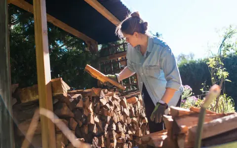 Femme avec des bûches de bois sous un abri.