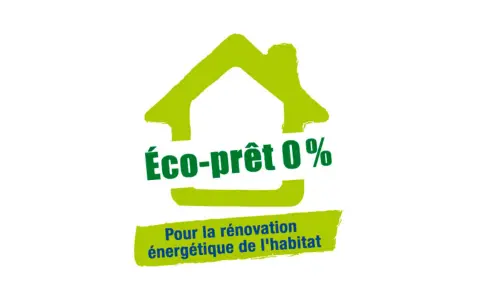 Logo d'une maison verte stylisée, annonçant un "Éco-prêt 0%" pour la rénovation énergétique.