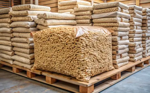 Une palette de bois supporte un grand sac transparent rempli de granulés de bois, entouré de piles de sacs plus petits. Combien de sac de granulés sur une palette ?