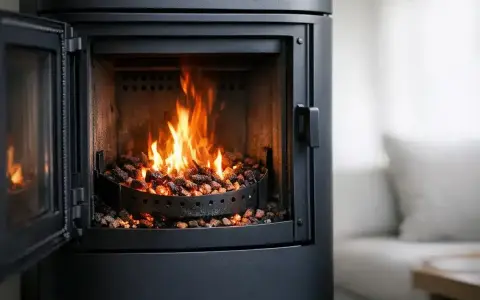 Poêle à granulés allumé, porte ouverte, flammes vives dans le foyer rempli de granulés.
