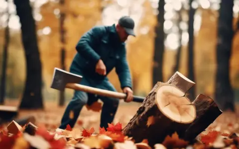 Un homme coupe du bois de chauffage en automne. Les feuilles tombées jonchent le sol.