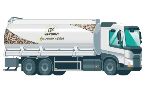Camion-citerne blanc transportant des granulés de bois, avec le logo "CPE BARDOT La Maison du Pellet".