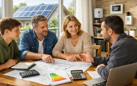 Une famille discute d'un projet de rénovation avec un conseiller. Ils examinent des plans et des calculs, visant un **prêt vert** pour des travaux écologiques.