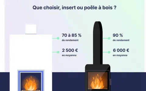 Comparaison entre un insert et un poêle à bois : rendement et coût. Le poêle à bois offre un meilleur rendement.