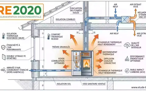Schéma d'une maison RE2020 montrant un poêle à granulés, l'isolation, la ventilation et la récupération d'énergie pour une faible consommation.