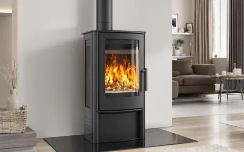 Poêle à bois étanche moderne avec une grande vitre laissant admirer les flammes dans un salon cosy.