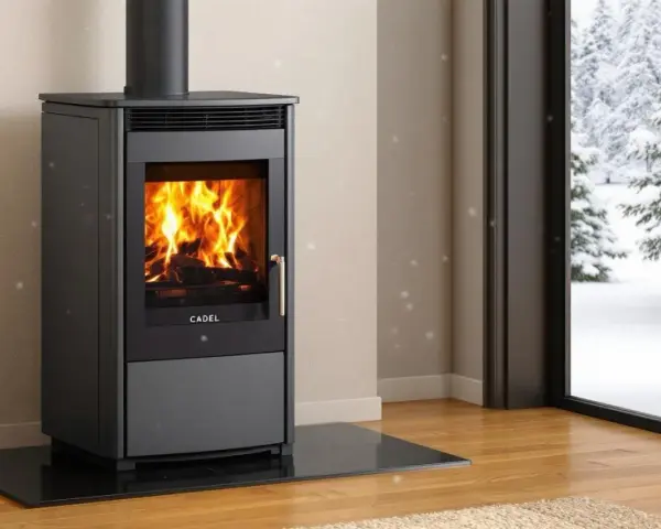 Poêle à bois Cadel en feu, avec une vue sur un paysage enneigé. L'alarme pressostat assure un fonctionnement sûr.