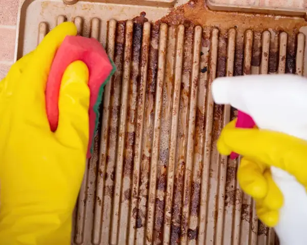 Gants jaunes, éponge et spray pour apprendre comment nettoyer le dessus d'une cuisinière en fonte.