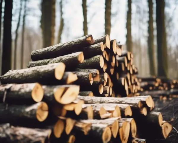 Un tas de frêne bois de chauffage empilé dans une forêt brumeuse, prêt pour l'hiver.