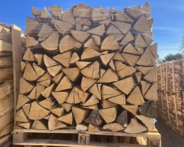 Un grand stère de bois, bien empilé et emballé sous plastique, prêt pour l'hiver.