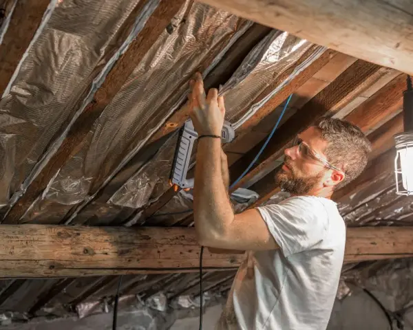 Un homme pose une isolation réfléchissante sous les chevrons. Il utilise une agrafeuse pour fixer le matériau. Ce chantier pourrait être éligible à un pret travaux CAF.