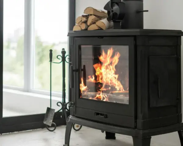 Poêle à bois crépitant, optimisant le pouvoir calorifique du pellet pour une chaleur réconfortante. Un ventilateur et du bois sont prêts à l'emploi.