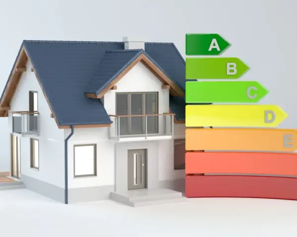 Maison moderne avec étiquette énergétique. Un audit énergétique tarif peut révéler la classe A à G de votre logement.
