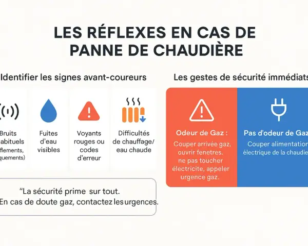 Infographie : signes avant-coureurs et gestes de sécurité en cas de panne de chaudière.