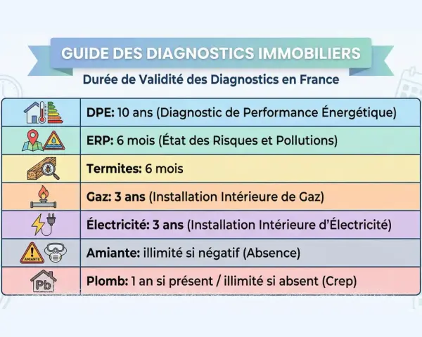 Guide des diagnostics immobiliers : combien de temps dure un diagnostic énergétique (DPE) ? 10 ans. D'autres diagnostics ont des durées plus courtes.