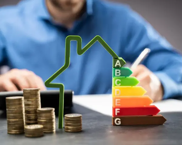 Calcul des conditions pour un prêt avance rénovation. Une maison verte, des pièces et un classement énergétique.