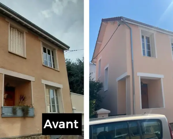 Avant/après : une maison rénovée avec une isolation extérieure moderne, des fenêtres plus claires et une façade rafraîchie.