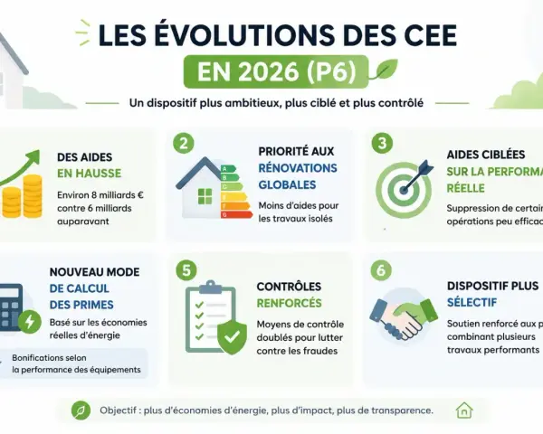 Infographie illustrant les évolutions des CEE en 2026 : aides en hausse, rénovations globales prioritaires, contrôles renforcés.
