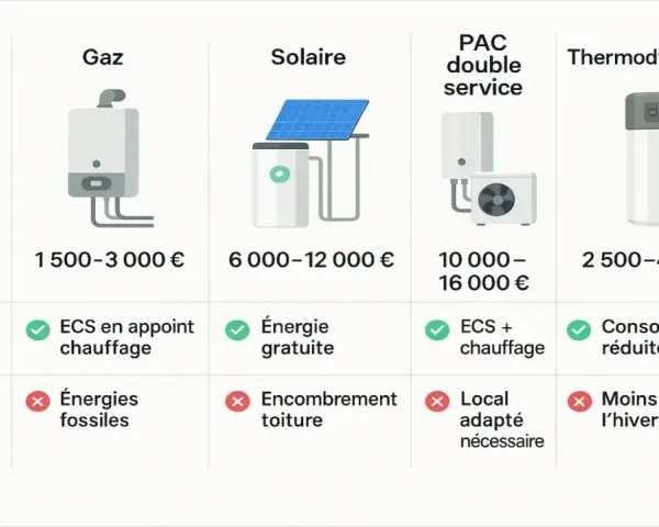 Comparatif des systèmes de chauffage : électrique, gaz, solaire, PAC double service et thermodynamique. Le chauffe eau thermodynamique est une option intéressante pour le dispositif Prime Renov.