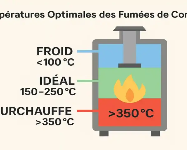 Diagramme montrant les températures idéales pour le rendement d'un poêle à bois : froid (<100°C), idéal (150-250°C) et surchauffe (>350°C).