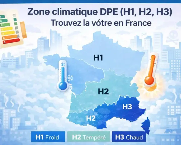 Carte de France divisée en zones climatiques DPE : H1 (Froid), H2 (Tempéré) et H3 (Chaud).