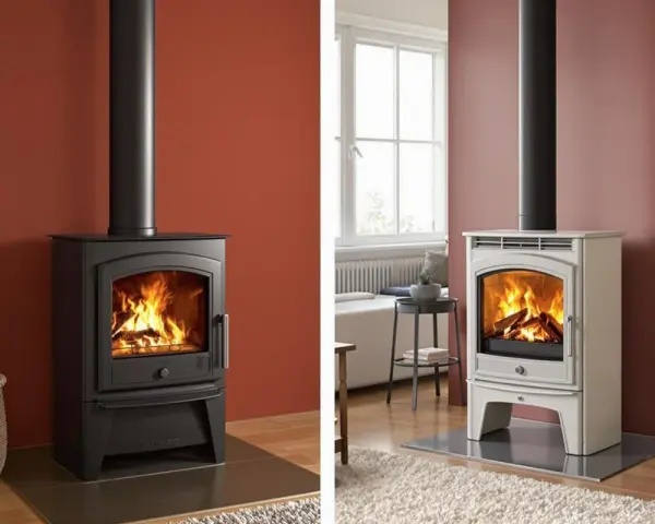 Poêles à bois en acier noir et en fonte blanche, avec flammes vives.