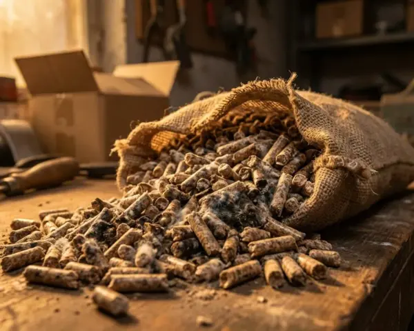 Sac de granulés de bois renversé sur un établi, prêt pour le stockage dans un garage.