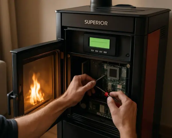 Mainteneur travaillant sur la carte mère d'un poêle à granulés, peut-être pour résoudre un code erreur poêle à granulés. Flammes visibles dans le foyer.