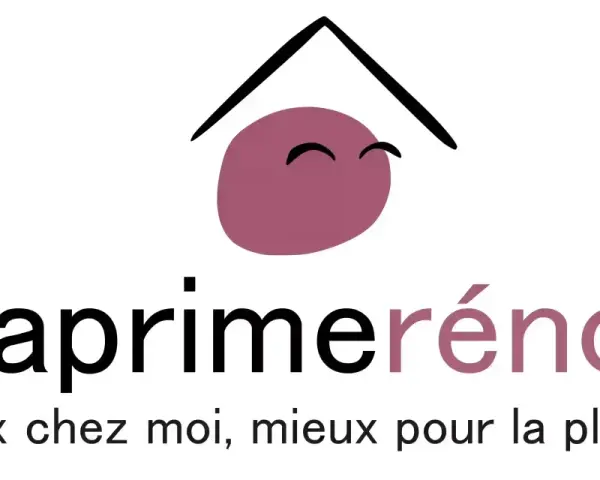 Logo Ma Prime Renov' violet, avec un toit stylisé et un visage souriant. "Mieux chez moi, mieux pour la planète.