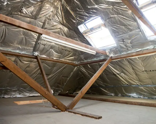 Isolation des combles : le prix au m2 dépend de la technique. Vue d'un grenier en cours d'isolation avec matériaux réfléchissants.