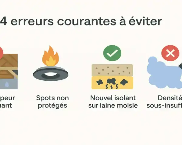 Erreurs courantes en isolation sous toiture : pare-vapeur manquant, spots non protégés, nouvel isolant sur laine moisie, densité sous-insufflée.