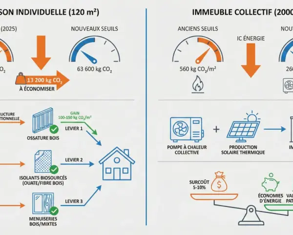 Comparaison des émissions de CO2 pour une maison individuelle et un immeuble collectif, illustrant les gains grâce à l'isolation et aux énergies renouvelables.