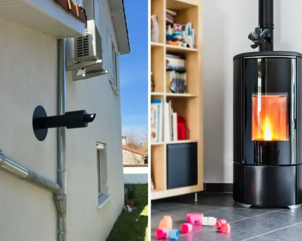 Un poêle à pellet ventouse moderne et sa sortie murale, installés dans un salon cosy.