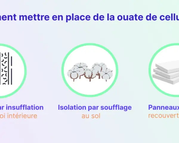 Illustration de l'isolation ouate de cellulose : insufflation dans les murs, soufflage au sol, et panneaux isolants.