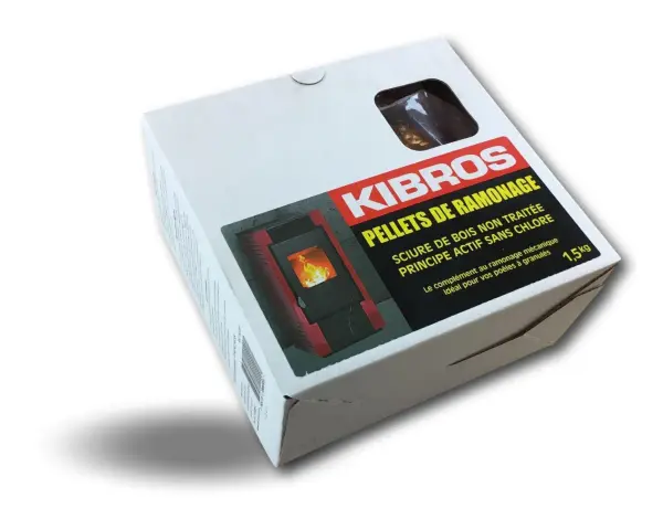 Boîte de pellets de ramonage KIBROS pour poêle à granulés.