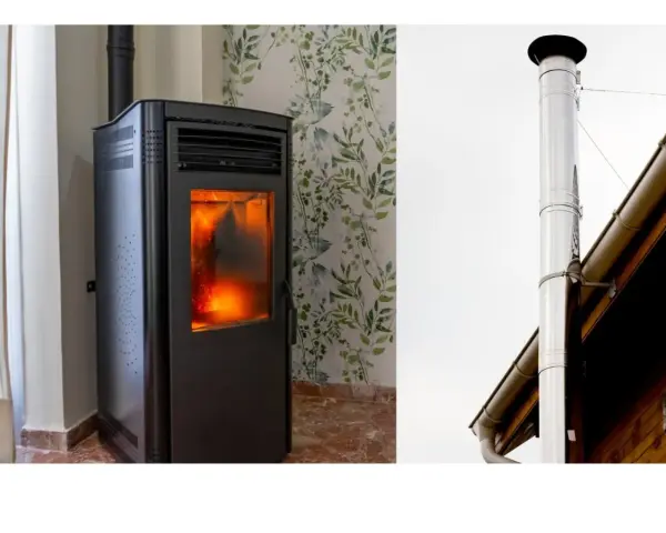 Poêle à granulés allumé, avec son conduit d'évacuation. Le diamètre du tubage poêle à granulés est crucial pour une bonne évacuation.