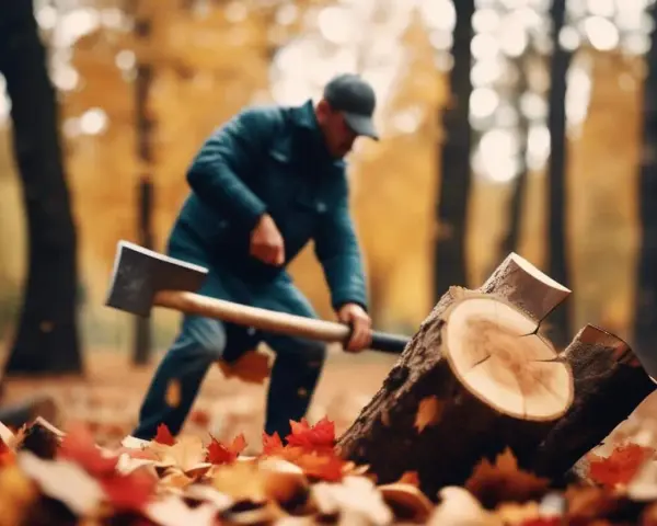 Un homme coupe du bois de chauffage en automne. Les feuilles tombées jonchent le sol.