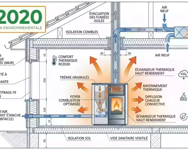 Schéma d'une maison RE2020 montrant un poêle à granulés, l'isolation, la ventilation et la récupération d'énergie pour une faible consommation.